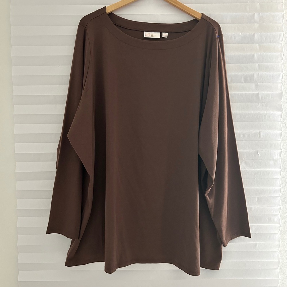 Belle Kim Gravel Women Plus Sz4X Chocolate Brown Boat Neck Long Sleeve Tunic Top